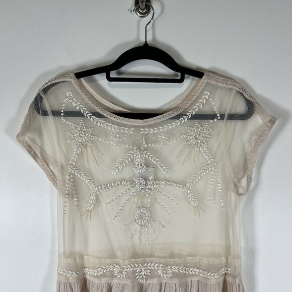 Free People Top Womens Cream Sheer Beaded Mesh Boho Lace Top Size M NWT Boho - Picture 2 of 11